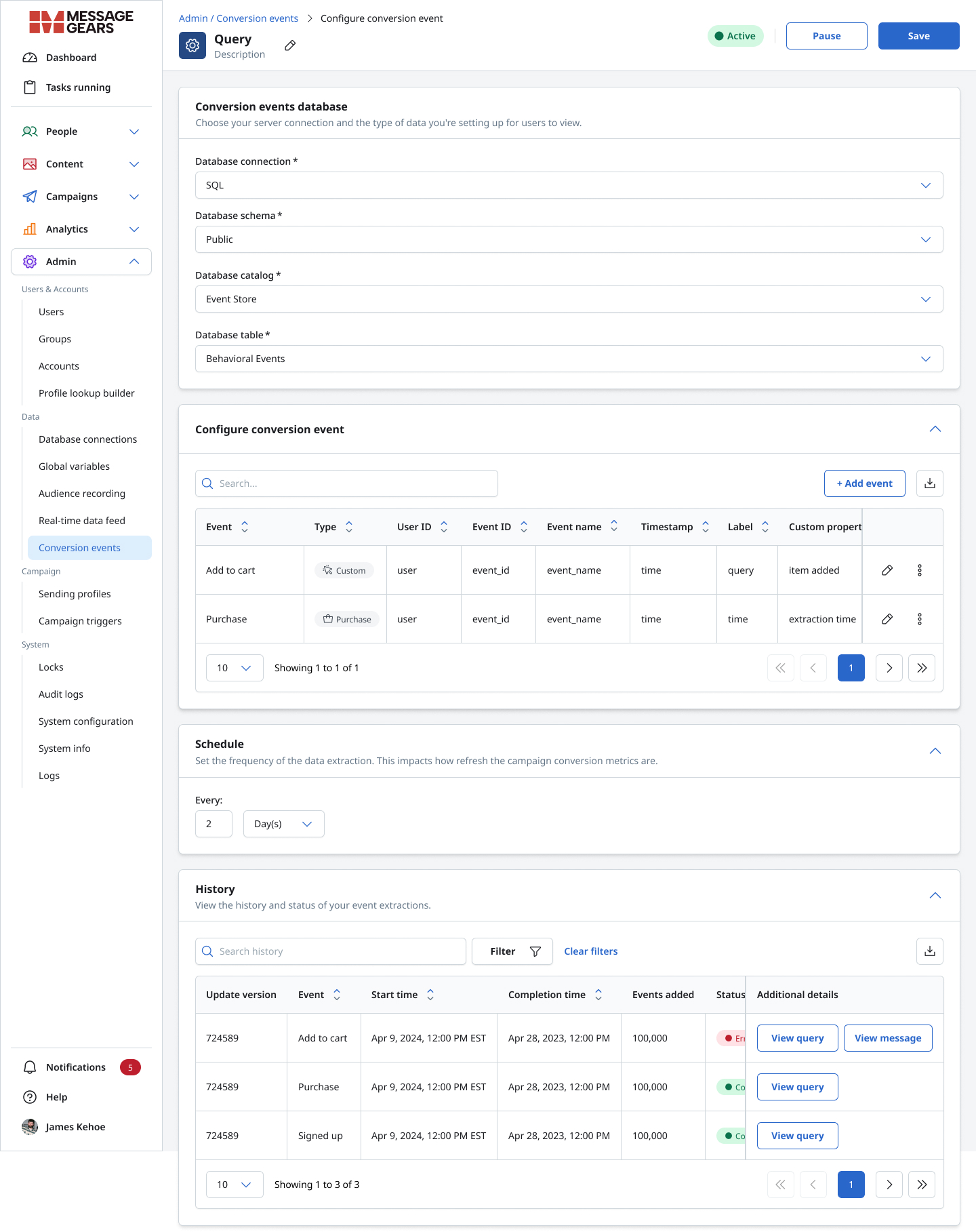 Active conversion-event configuration with populated event and history tables