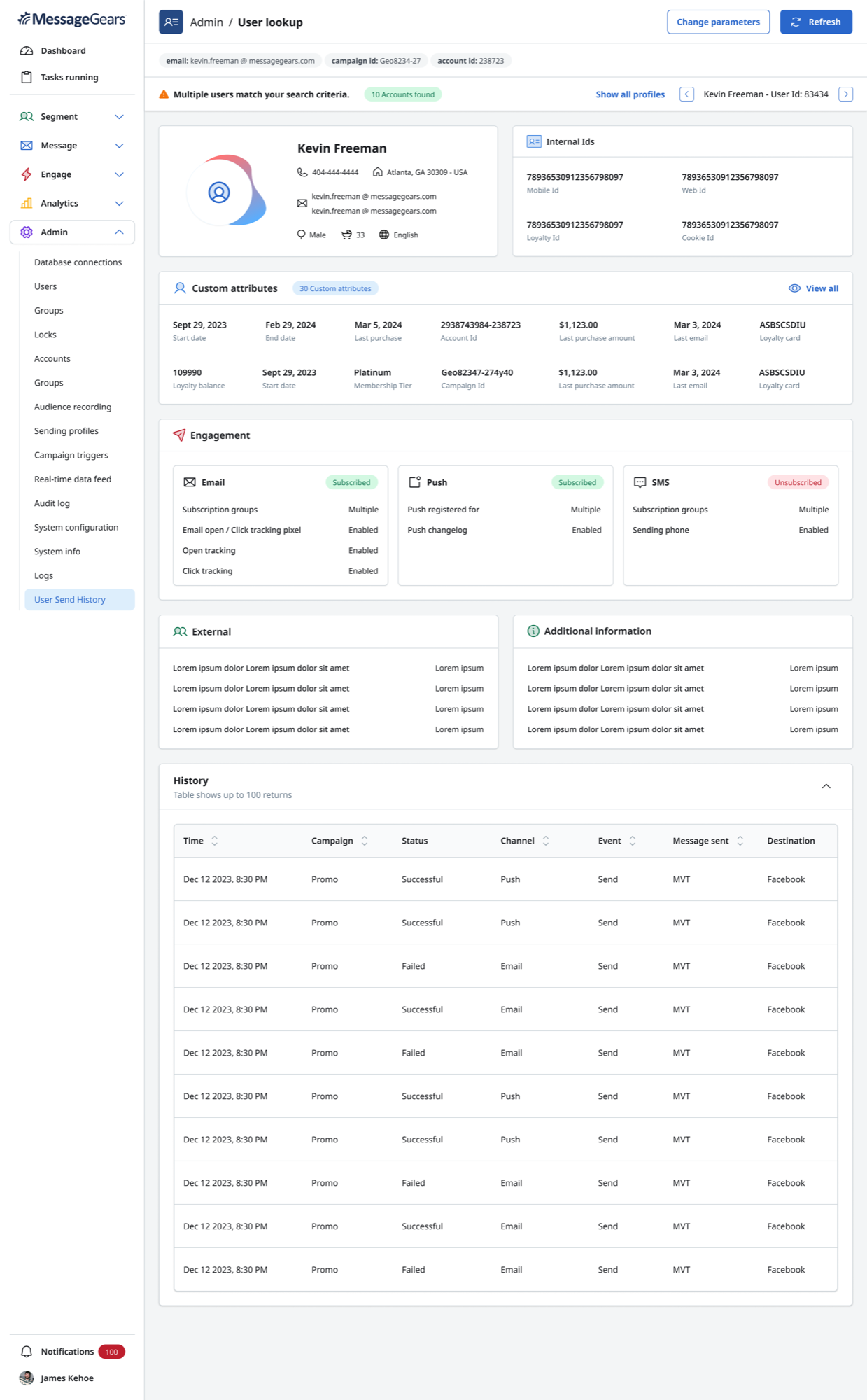 Selected customer profile preserving prior search context and multiple-match status